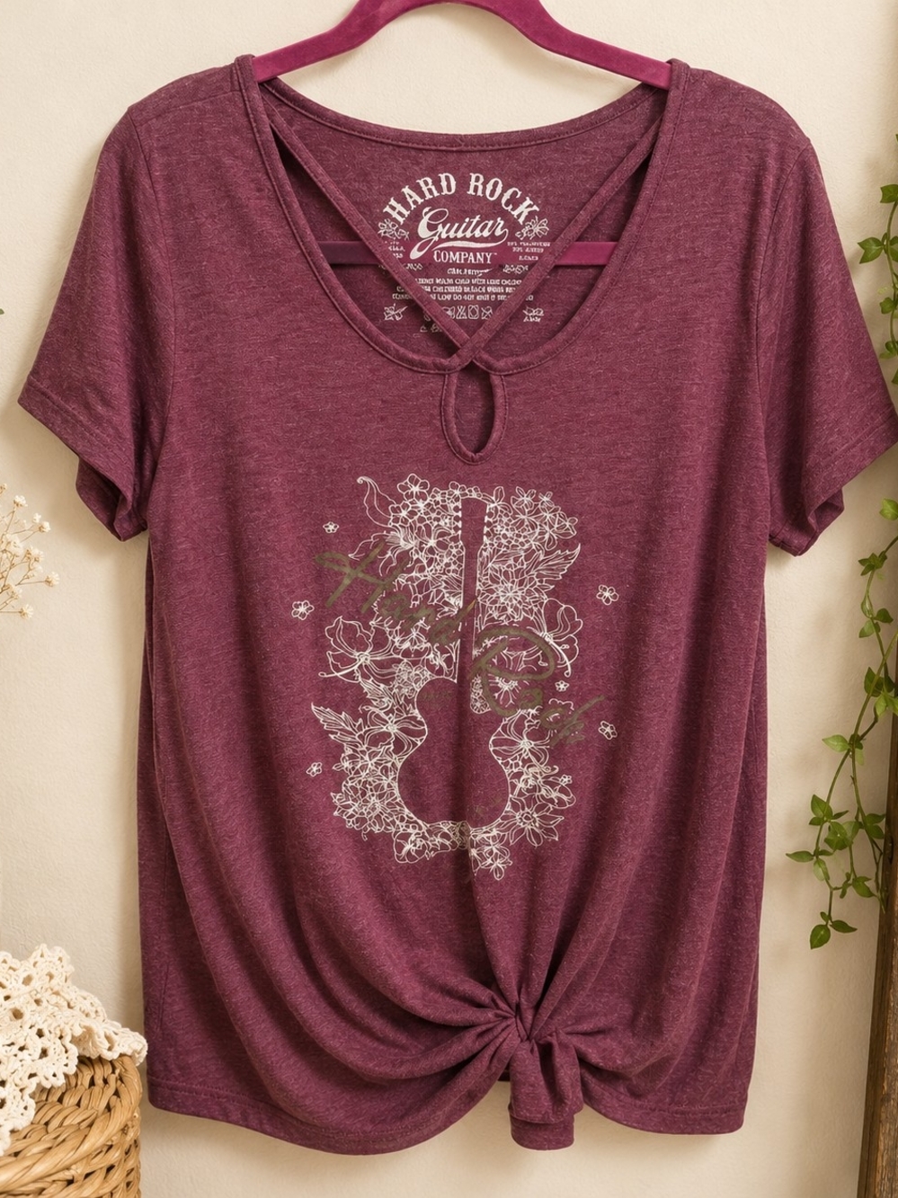 Hard Rock Guitar Company Floral Guitar Knot Top Burgundy L